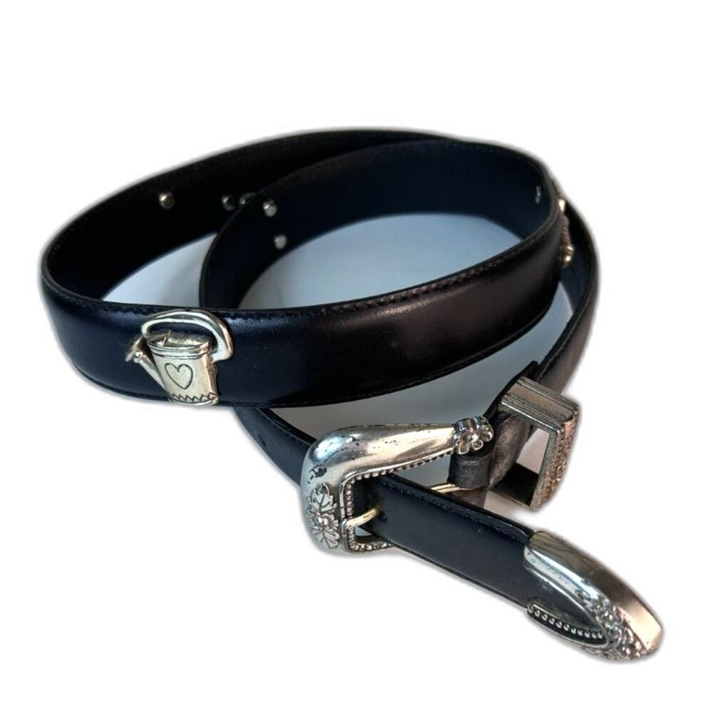 Talbots Women's NWOT Black Leather Silver Buckle Gardening Charm Belt Size XL